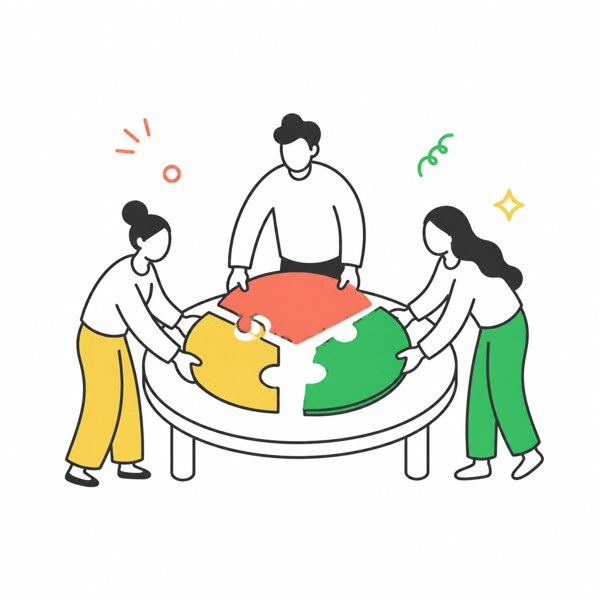 三個人合力拼合圓形組件的卡通插畫