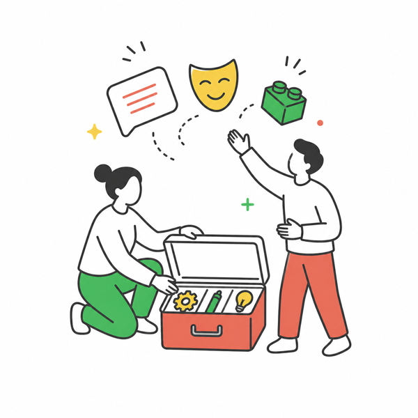 兩個人從工具箱取出帶領工具的線稿插畫